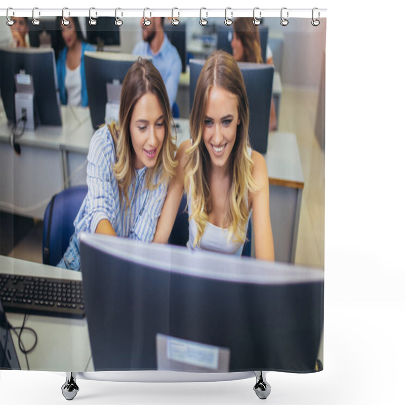 Personality  College Students Sitting In A Classroom, Using Computers During  Shower Curtains