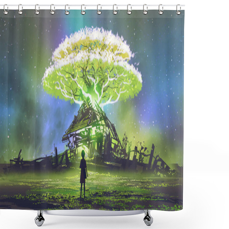 Personality  Girl Looking At The Glowing Tree Formed By The Ruins Of The House, Digital Art Style, Illustration Painting Shower Curtains