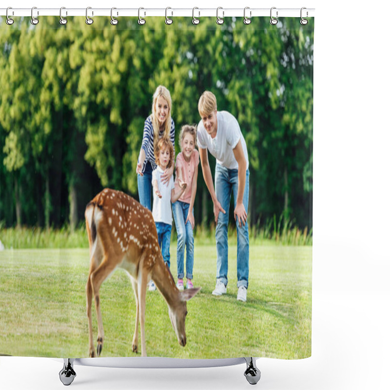 Personality  Family Looking At Deer In Park Shower Curtains