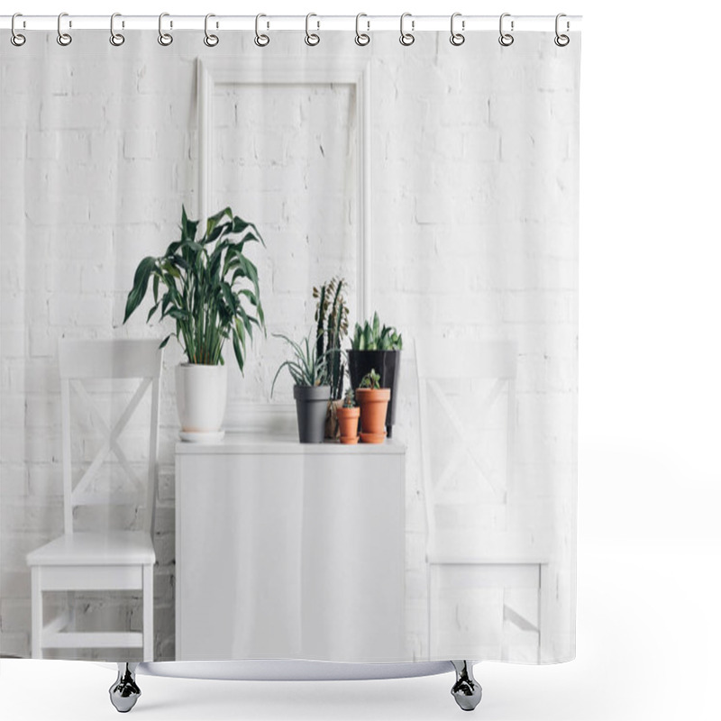 Personality  House Decor With Houseplants In Front Of White Brick Wall, Mockup Concept Shower Curtains