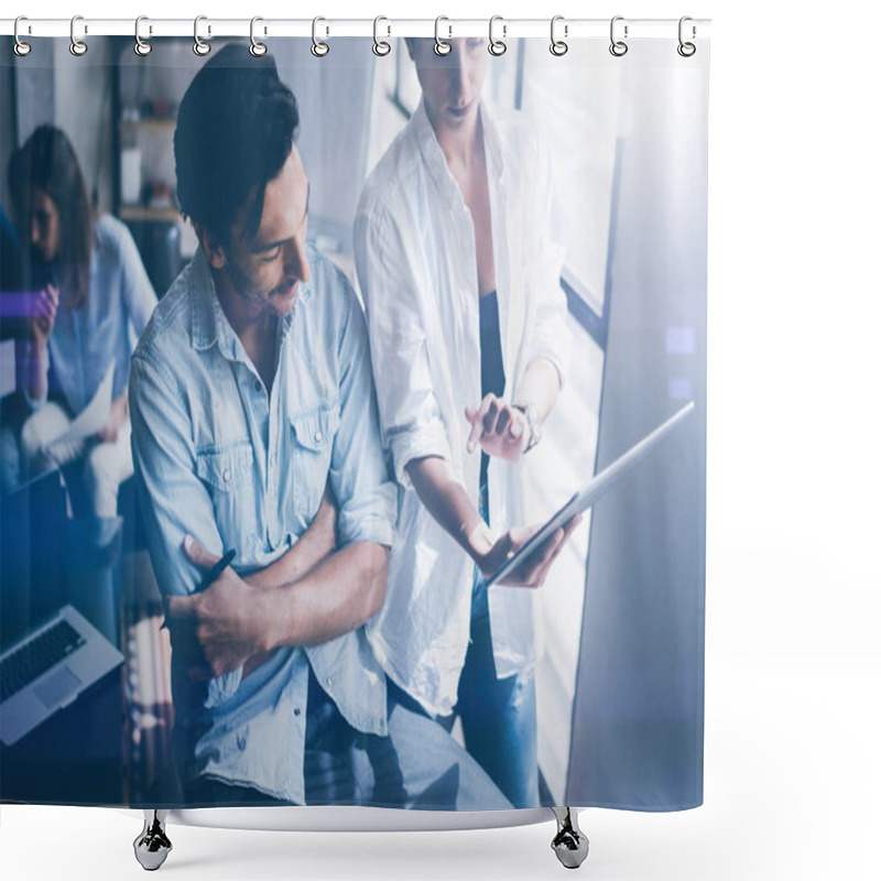 Personality  Group Of Young Coworkers Working On Laptop Computer At Office.Woman Holding Tablet And Pointing On Touch Screen. Horizontal, Blurred Background.Cropped. Shower Curtains