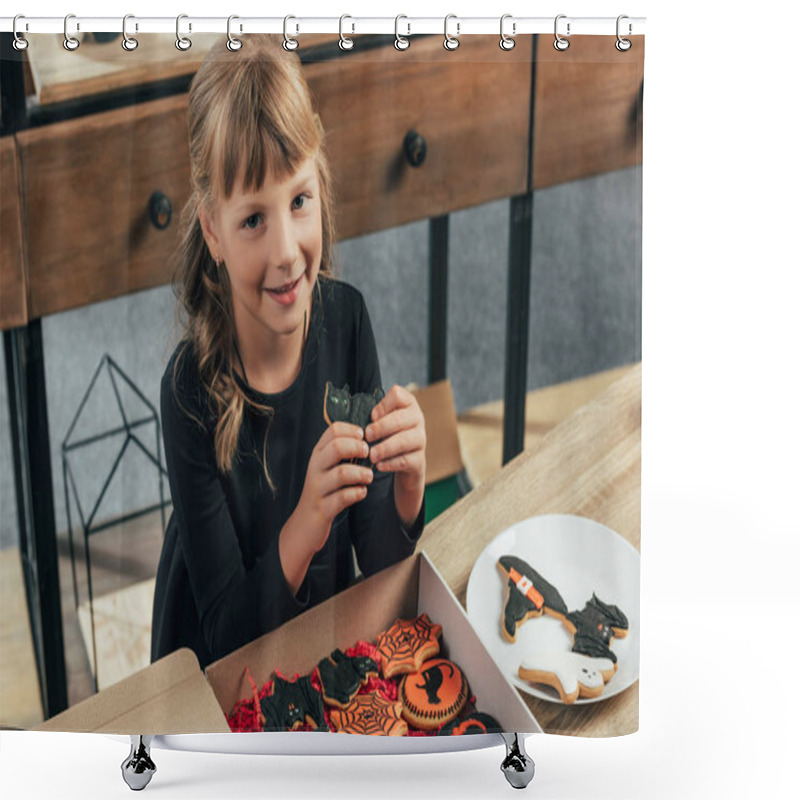 Personality  High Angle View Of Smiling Child With Halloween Cookie In Hands At Home Shower Curtains