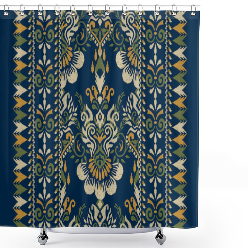 Personality  Ikat Floral Paisley Embroidery On Navy Blue Background.Ikat Ethnic Oriental Pattern Traditional.Aztec Style Abstract Vector Illustration.design For Texture,fabric,clothing,wrapping,decoration,scarf. Shower Curtains