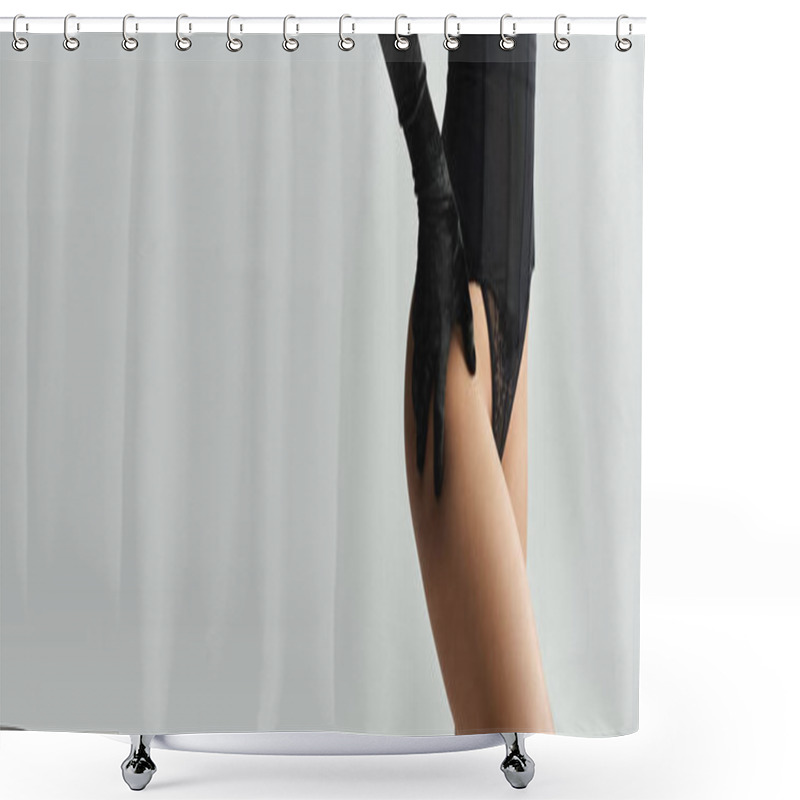 Personality  A Woman In Black Lingerie Poses Against A White Backdrop. Shower Curtains