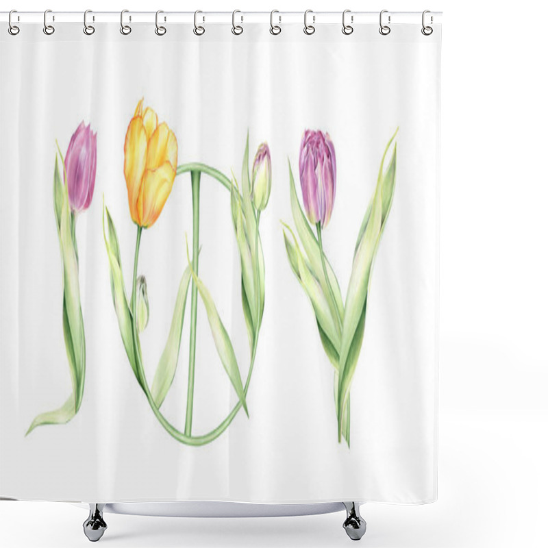 Personality  Watercolor  Floral Spring Lettering. Tulips Arrangements. Peace Sign. Valentines Tulips. Valentine Card. Pacifism Symbol. Love You  Word Shower Curtains