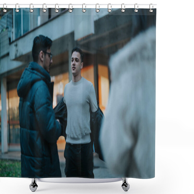 Personality  Group Of Friends Having A Conversation While Enjoying Time Outdoors In A City. The Background Shows Modern Urban Architecture. The Mood Is Friendly And Relaxed, Illustrating Connection And Interaction Shower Curtains