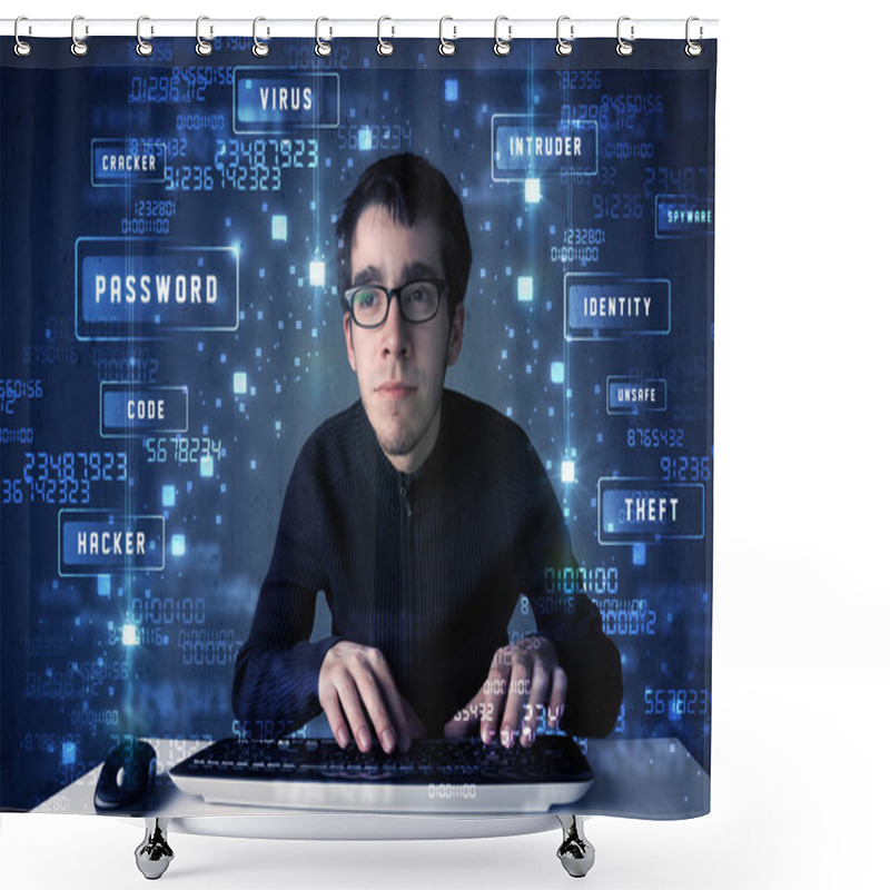 Personality  Hacker Programing In Technology Enviroment With Cyber Icons  Shower Curtains