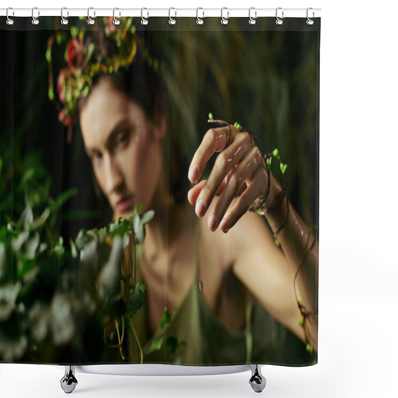 Personality  A Woman In Flowing Attire Poses Near A Swamp, Her Hand Reaching Out To Touch A Delicate Vine. Shower Curtains