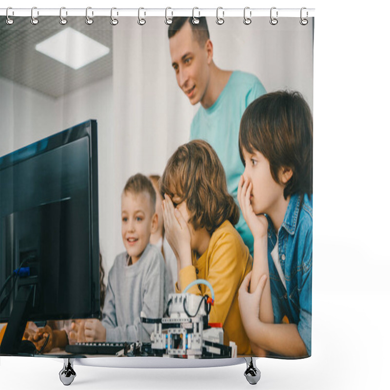 Personality  Teacher Programming Robot With His Teen Students Shower Curtains