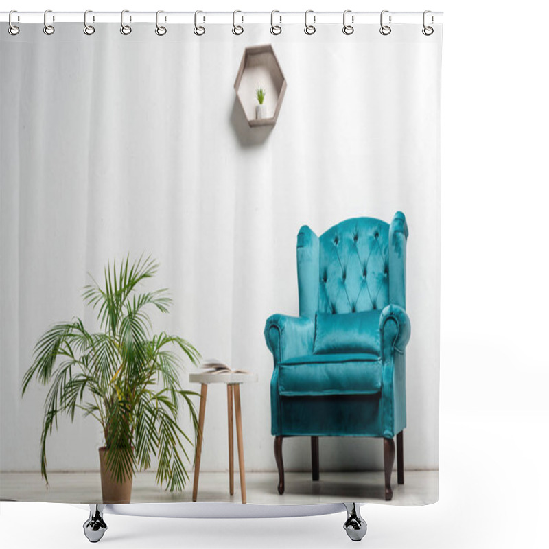 Personality  Interior Of Room With Elegant Velour Blue Armchair Near Green Plant And Coffee Table Near White Wall Shower Curtains