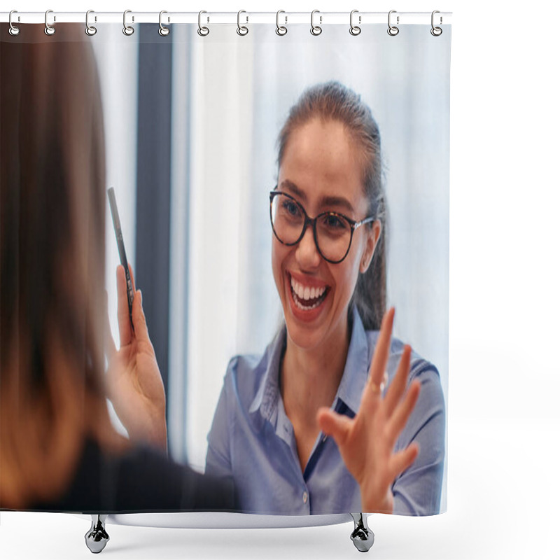 Personality  A Determined Businesswoman Confidently Leads A Meeting With Colleagues, Strategizing And Discussing Various Business Projects And Challenges. Shower Curtains