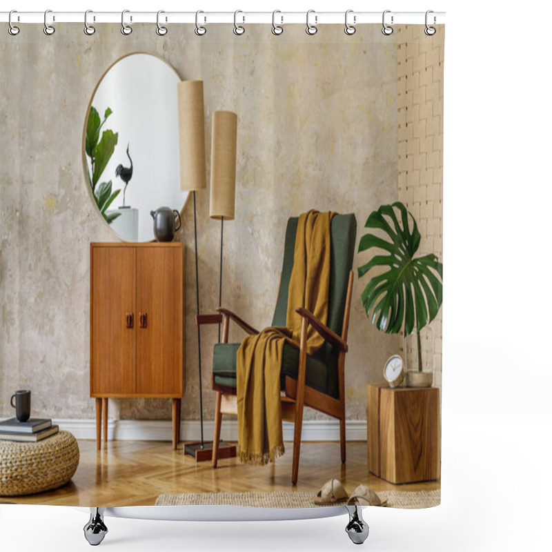 Personality  Modern Retro Composition Of Living Room Interior With Design Armchair, Pouf, Tea Pot On The Tray, Plant, Plaid, Carpet, Decoration And Elegant Presonal Accessories In Wabi Sabi Concept. Shower Curtains