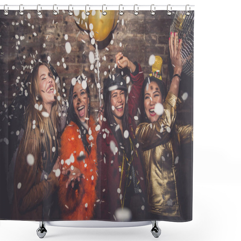 Personality  Group Of Girls Celebrating And Having Fun The Club. Concept Abou Shower Curtains