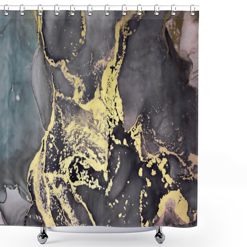 Personality  Black And Gold Alcohol Ink. Marbled Paint. Creativity Gouache Print. Concept Golden Print. Starring Sky. Stone Ink Drawn. Gold Divorces On Black. Shower Curtains