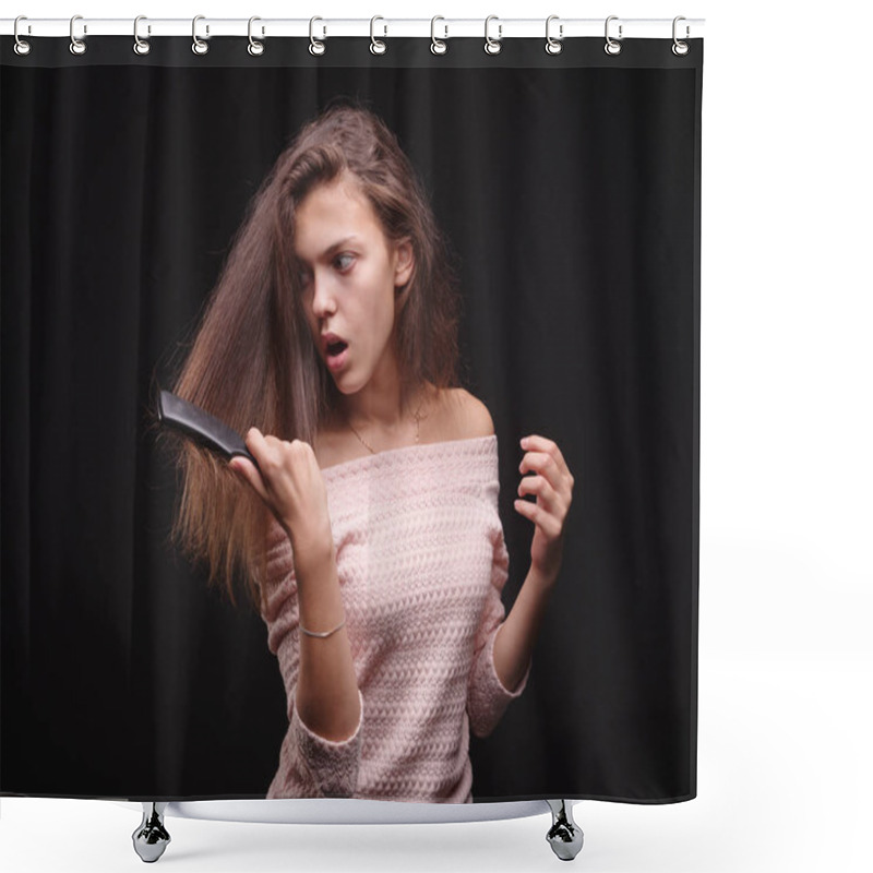 Personality  Sad Woman Holding Tangled Hair On The Black Background. Tuft Of Hair On A Girls Hand. Hair Loss Concept. Copy Space. Shower Curtains