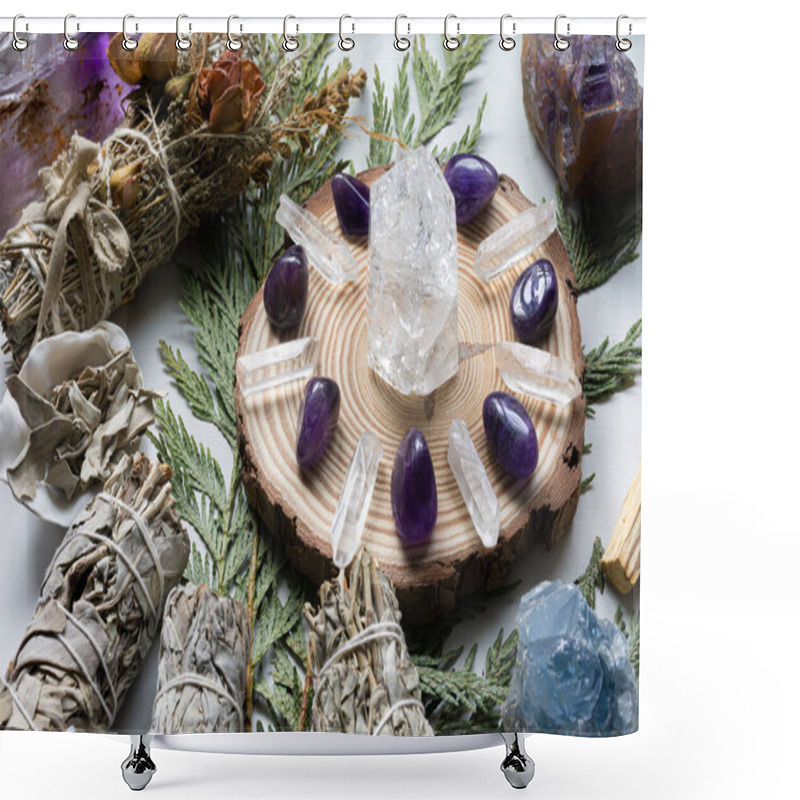 Personality  A Crystal Healing Grid Made Up Of Clear Quartz And Amethyst Crystals Along With White Sage Smudge Sticks. Shower Curtains