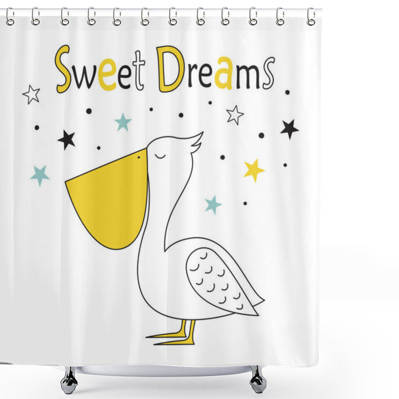 Personality  Hand Drawn Cute Pelican Doodle Illustration With Lettering Sweet Dreams And Stars, Cute Summer Time Illustration Shower Curtains