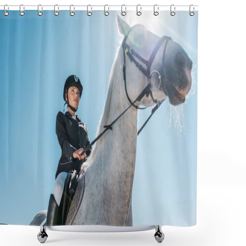 Personality  Low Angle View Of Attractive Female Equestrian Riding Horse Against Blue Sky Shower Curtains