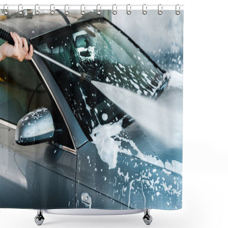 Personality  Cropped View Of Car Cleaner Holding Pressure Washer With Water Near Automobile   Shower Curtains