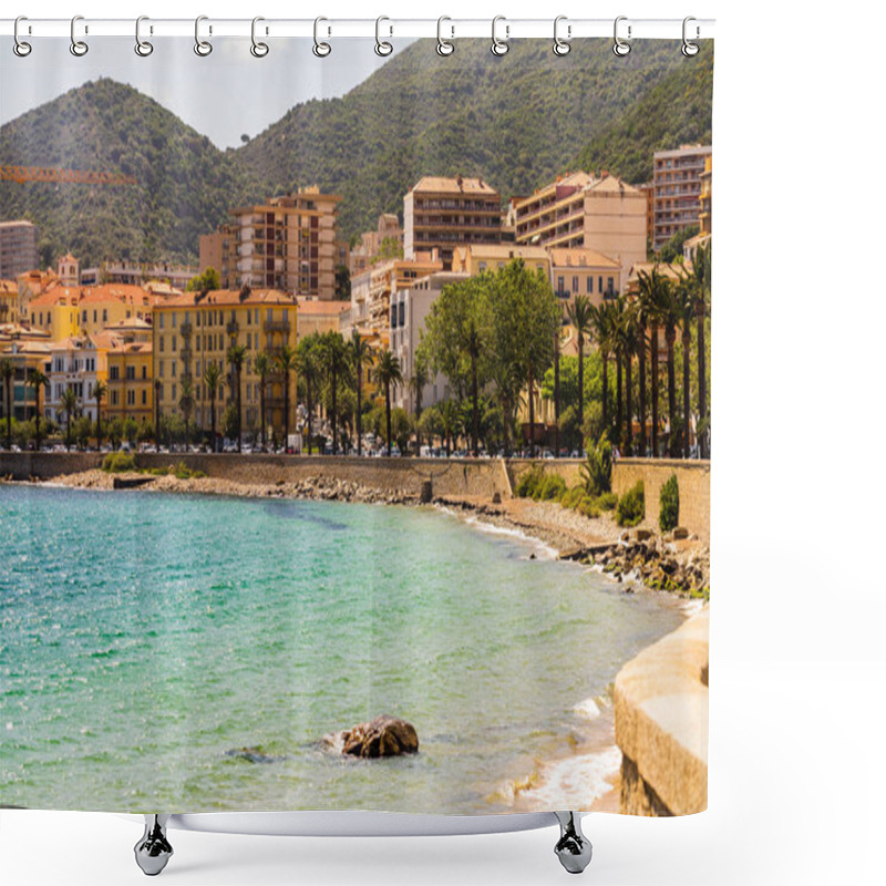 Personality  Ajaccio Old City Center Coastal Cityscape With Palm Trees And Typical Old Houses, Corsica, France, Mediterranean Sea. Shower Curtains