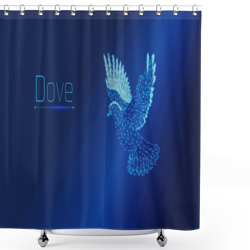 Personality  A Dove Flaps Its Wings Or Flies. A Pigeon Is A Symbol Of Peace. Rays Of Light Fall On Him, Illuminating The Bird.plexus,dots,wireframe,vector Illustration,triangle,eps 10,dark-blue Background Shower Curtains