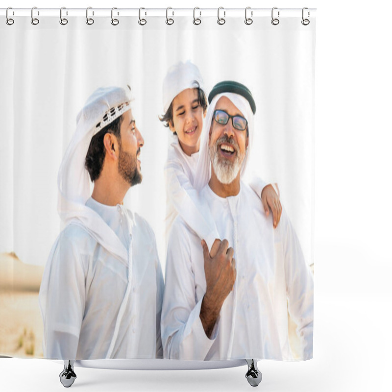 Personality  Three Generation Family Making A Safari In The Desert Of Dubai Wearing White Kandura Outfit. Grandfather, Son And Grandson Spending Time Together In The Nature. Shower Curtains