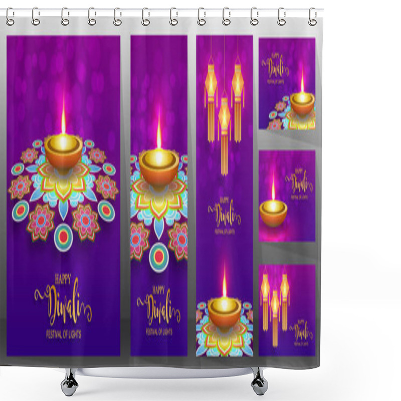 Personality  Happy Diwali Festival Card With Gold Diya Patterned And Crystals On Paper Color Background. Shower Curtains