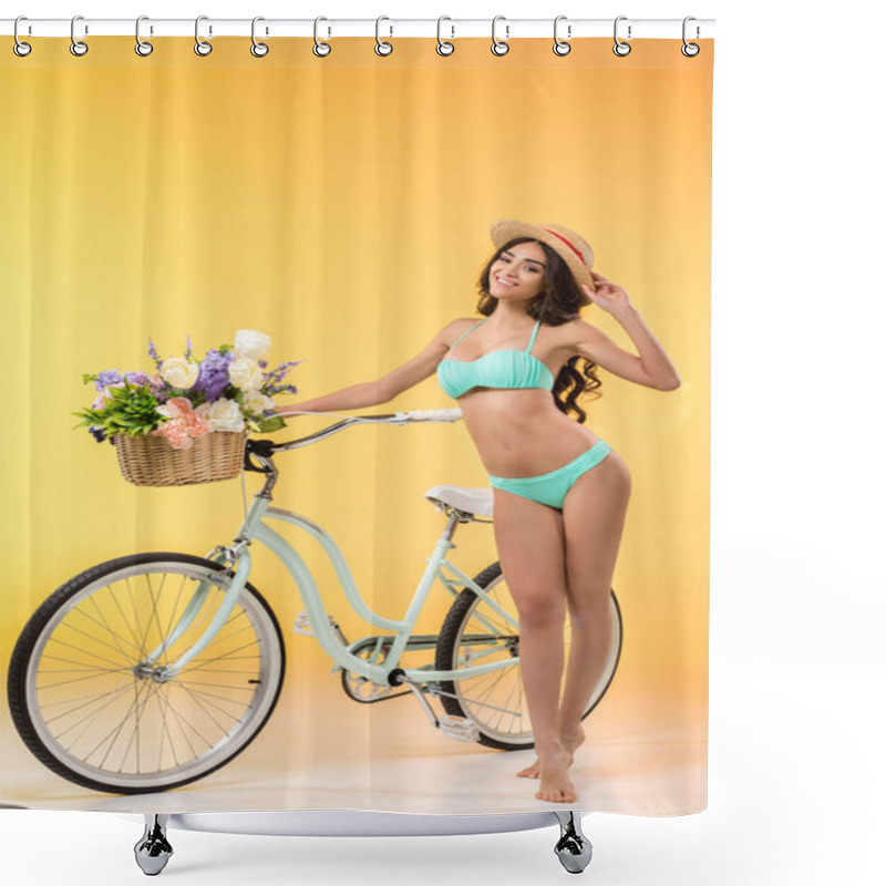 Personality  Beautiful Slim Girl In Bikini Posing With Bike And Flowers, Isolated On Yellow Shower Curtains