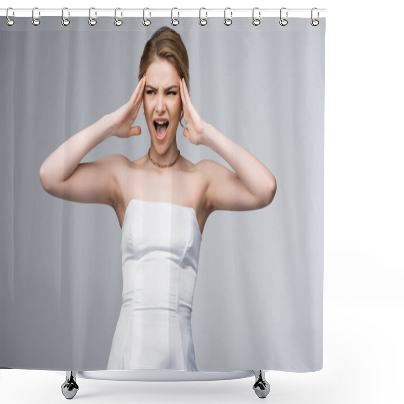 Personality  Emotional Bride In White Wedding Dress Touching Temples And Screaming Isolated On Grey  Shower Curtains