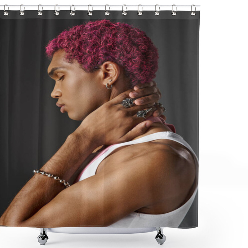 Personality  Portrait Of Young Man With Pink Suspenders Posing In Profile On Gray Backdrop, Fashion And Style Shower Curtains