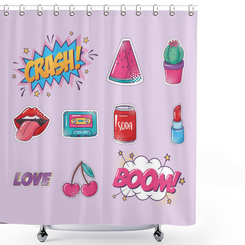 Personality  Pop Art Element Sticker Icon Set, Watermelon, Cactus, Lips, Soda, And More Shower Curtains