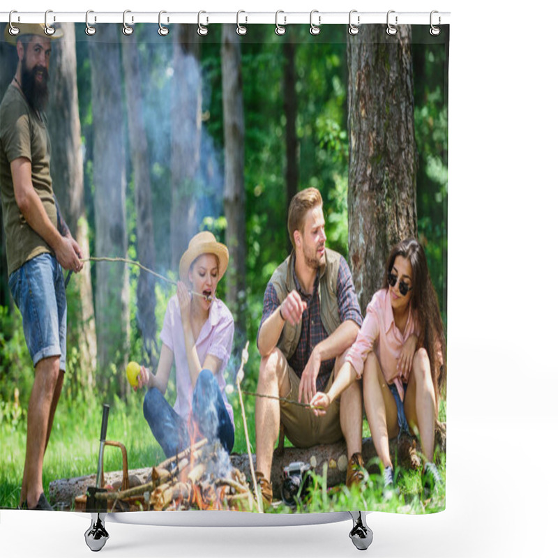 Personality  Halt For Snack During Hiking. Camping And Hiking. Company Friends Relaxing And Having Snack Picnic Nature Background. Great Weekend In Nature. Company Hikers Relaxing At Picnic Forest Background. Shower Curtains