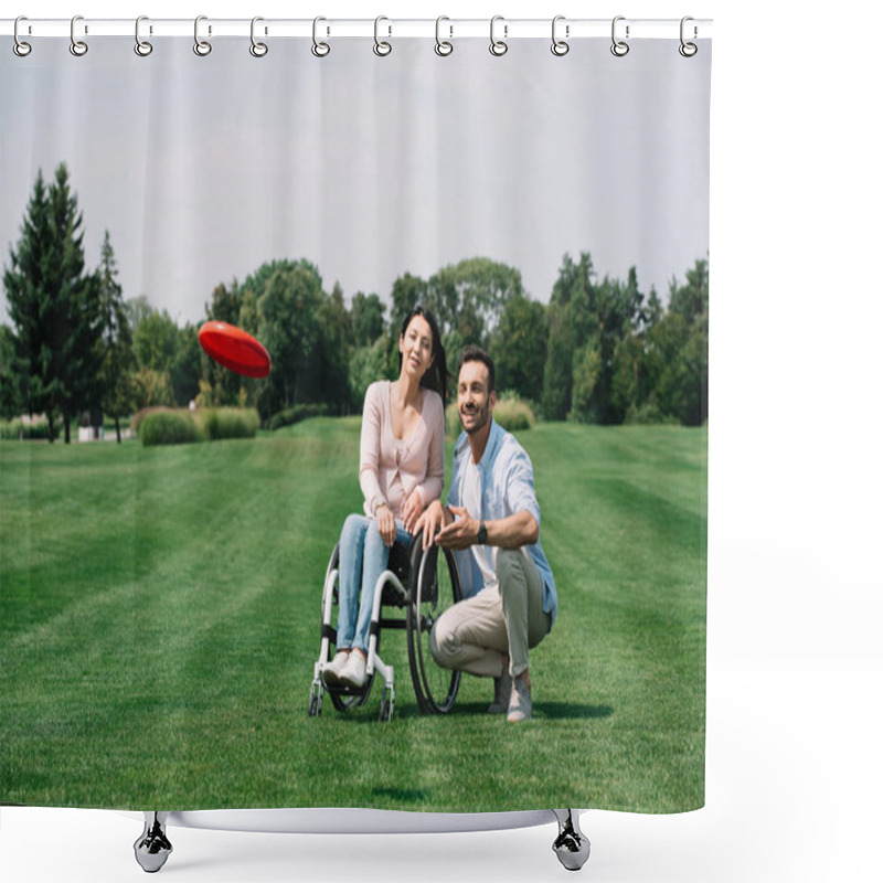 Personality  Smiling Man Throwing Flying Disc Near Young Disabled Girlfriend In Park Shower Curtains