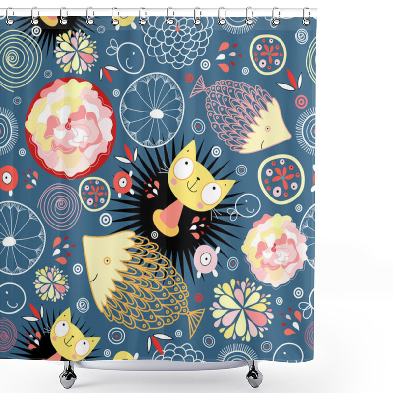 Personality  Floral Pattern With Kittens And Fish Shower Curtains