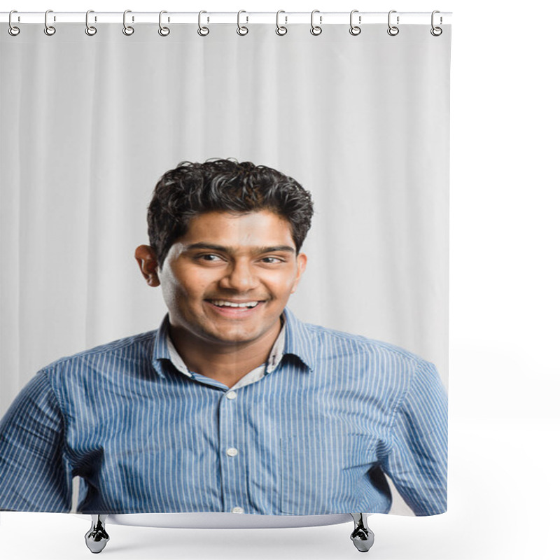 Personality  Happy Man Portrait Real High Definition Grey Background Shower Curtains