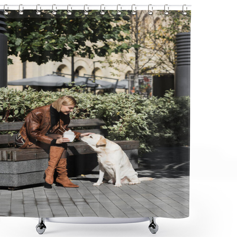 Personality  Full Length Of Smiling Blonde Woman In Leather Jacket Holding Takeaway Box With Asian Food And Cuddling Dog  Shower Curtains