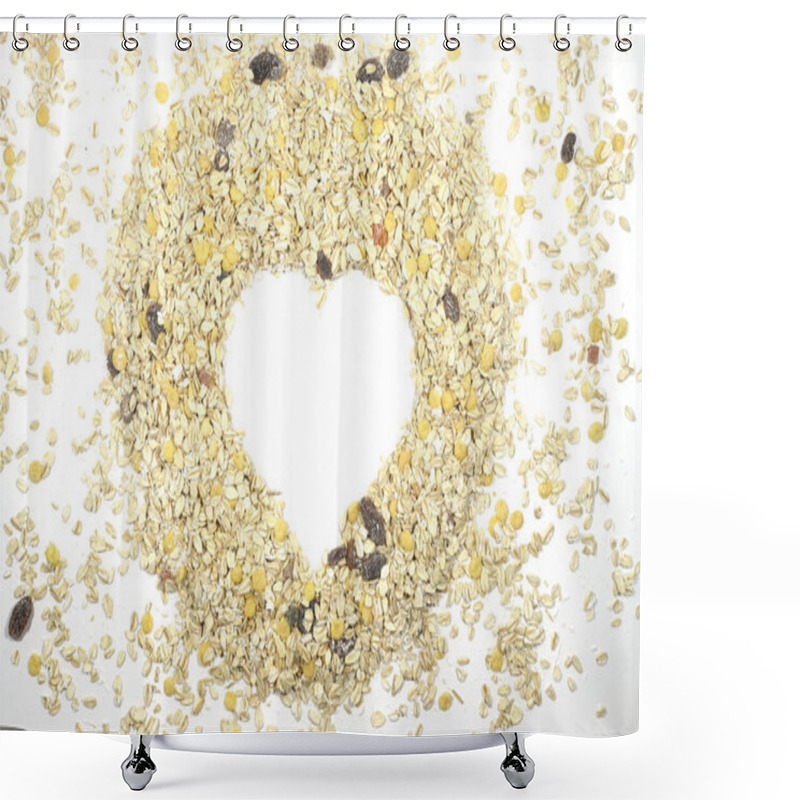 Personality  Oatmeal Heart Isolated On A White Background, With Place For An Inscription. Bunting Heart Symbol. Heart Of Cereals. Healthy Eating. Heap Of Oat Flakes In A Shape Of Heart Shot From Above Shower Curtains