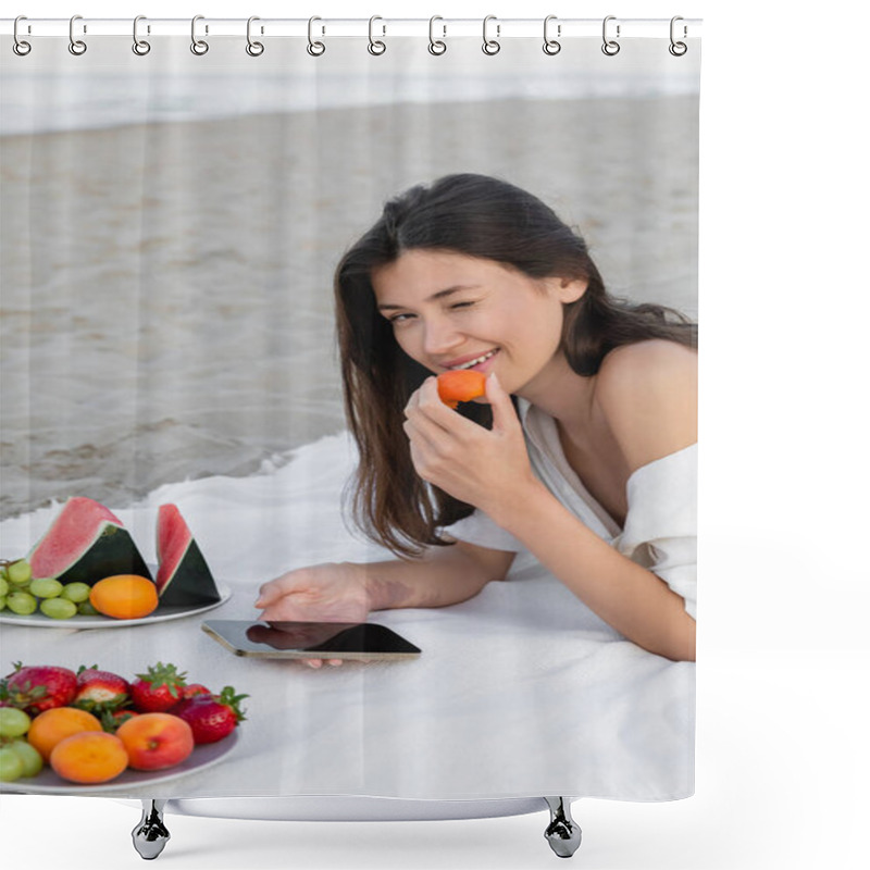 Personality  Young Woman In Shirt Holding Apricot And Using Smartphone Near Fruits On Beach  Shower Curtains