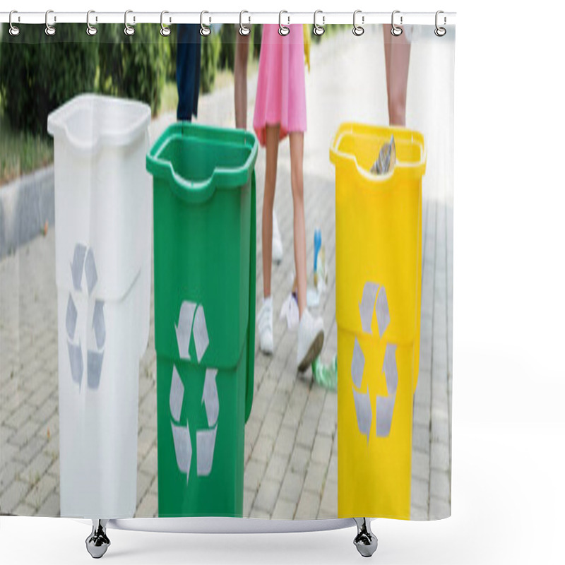 Personality  Cropped View Of Trash Cans With Recycle Symbol Near Blurred Family Outdoors, Banner  Shower Curtains