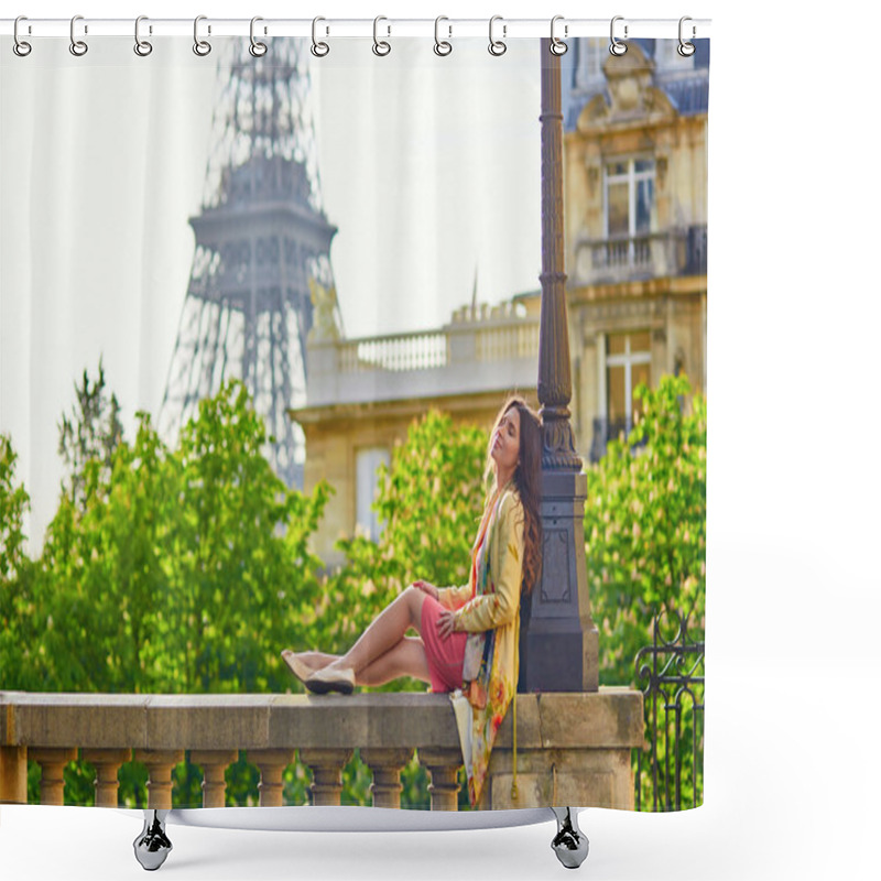 Personality  Beautiful Young Woman Near The Eiffel Tower Shower Curtains