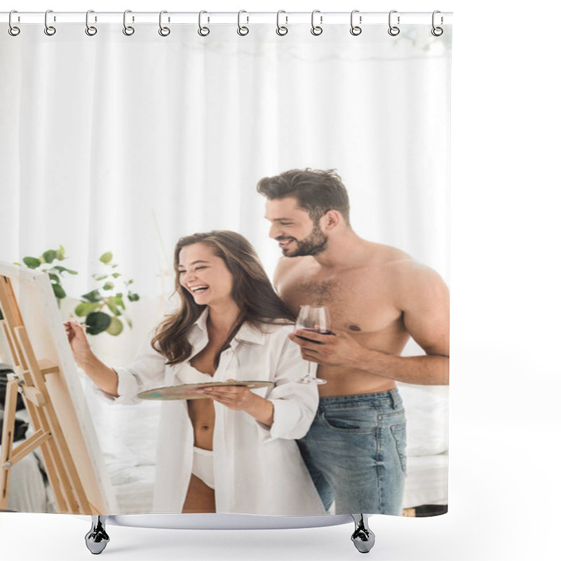 Personality  Young Couple Laughing While Girl Drawing And Boy Holding Glass With Wine Shower Curtains