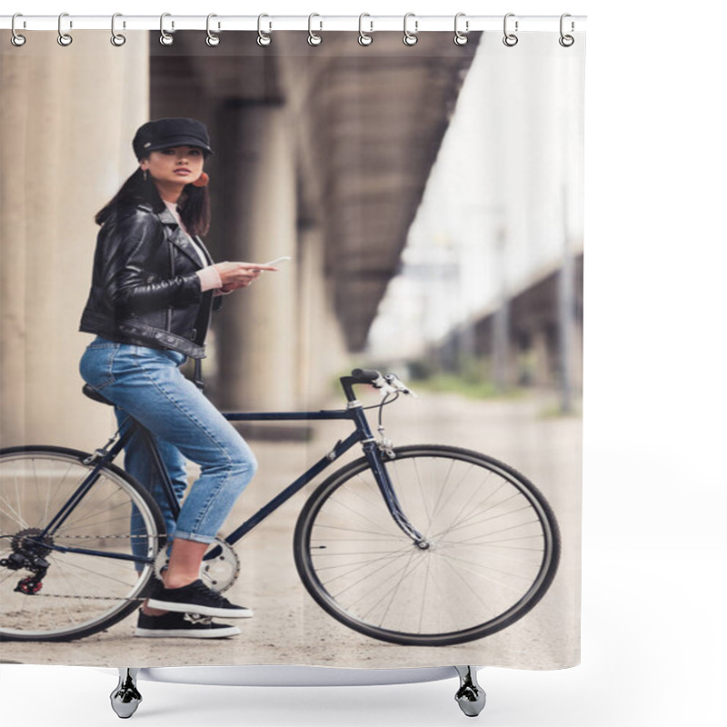 Personality  Woman On Bicycle With Smartphone Shower Curtains