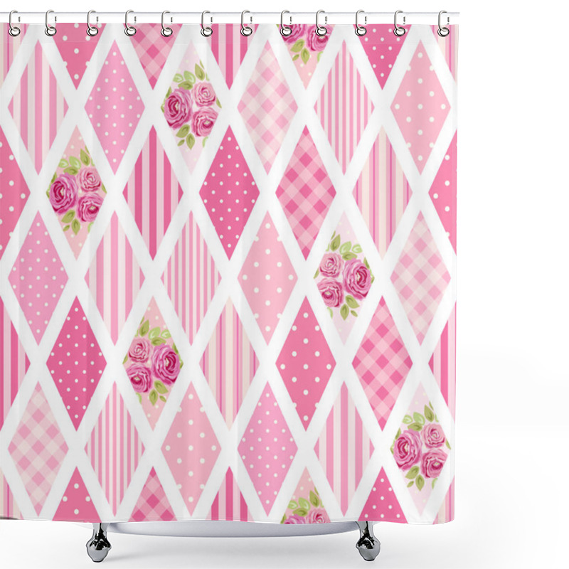 Personality  Pink Pattern In Rhombus Shapes With Flowers Shower Curtains