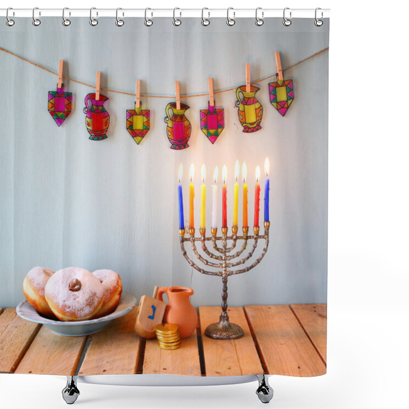 Personality  Image Of Jewish Holiday Hanukkah With Menorah (traditional Candelabra), Donuts And Wooden Dreidels (spinning Top). Glitter Background. Shower Curtains