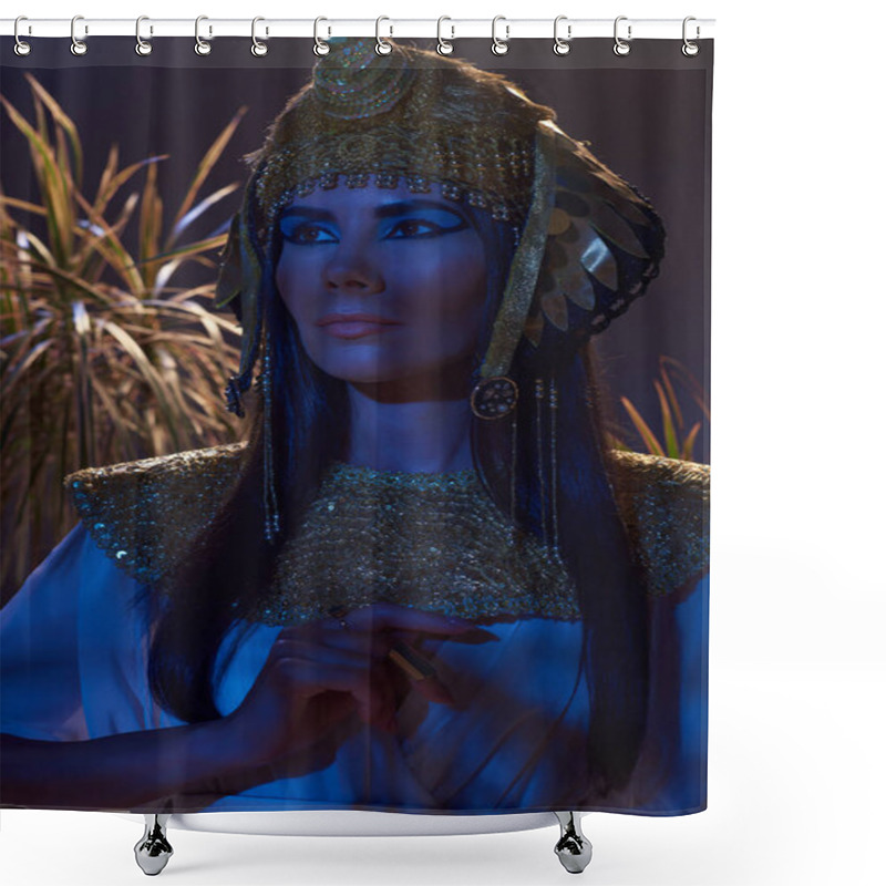 Personality  Woman In Traditional Egyptian Costume And Headdress Standing Near Desert Plants On Brown Background Shower Curtains