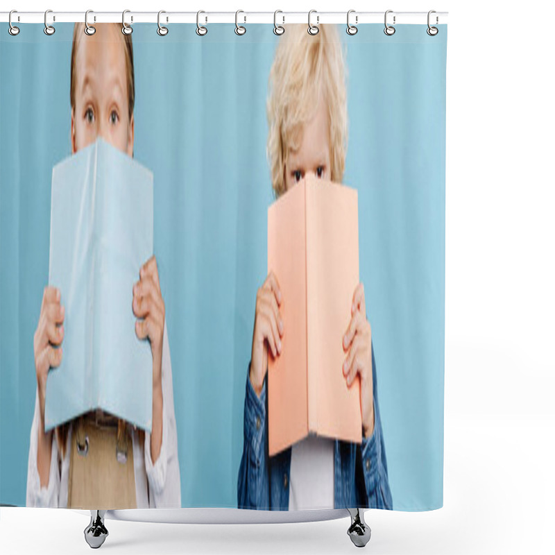 Personality  Panoramic Shot Of Kids Looking At Camera And Obscuring Faces With Books Isolated On Blue  Shower Curtains