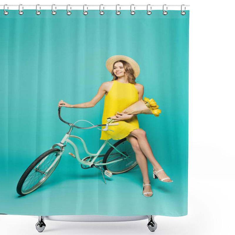 Personality  Smiling Woman In Sun Hat Holding Tulips Near Bicycle On Blue Background  Shower Curtains