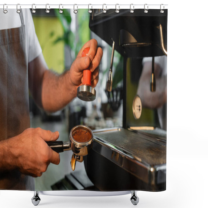 Personality  Cropped View Of Barista In Apron Holding Press And Coffee In Holder Near Coffee Machine In Cafe Shower Curtains