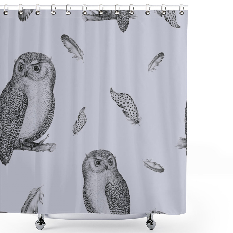 Personality  Hand Drawn Isolated  Black White Seamless Pattern Owl Fly Bird. Shower Curtains