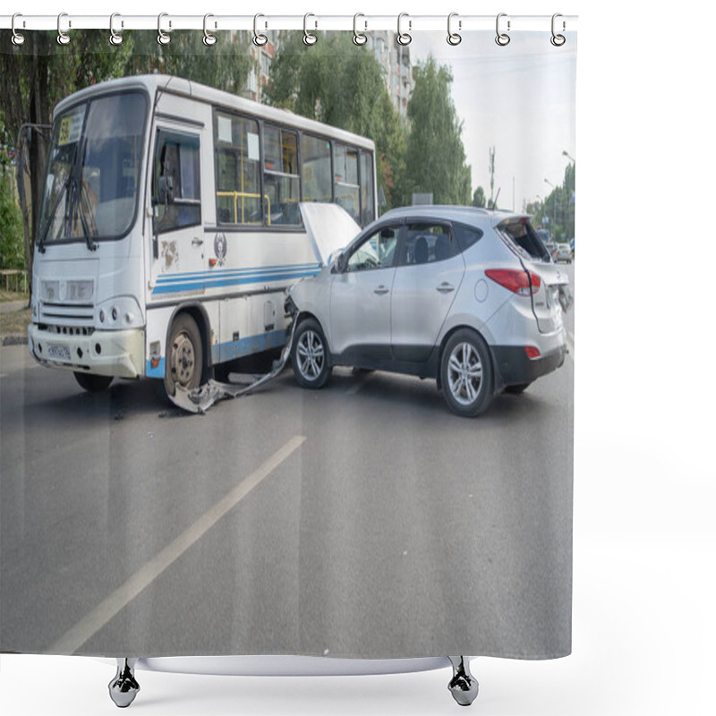 Personality  Voronezh, Russia August 16, 2019: A Terrible Accident On The Street. A Damaged Car After A Collision On The Bus In The City. The Concept Of Careless Driving. Shower Curtains